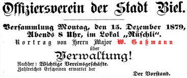 Inserat vom Tagblatt der Stadt Biel, 14. 12. 1879.