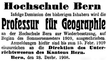 Stellenanzeige im Bund, 6. Januar 1909.