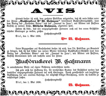 Inserat vom Seländer Boten, 5. Mai 1896