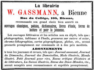 Die Buchhandlung Gassmann, Inserat im Journal du Jura 14.2.1880