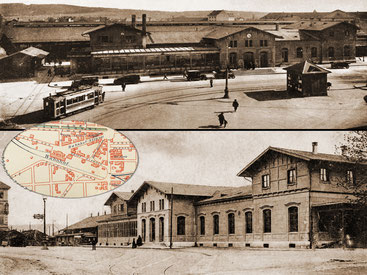 Der Abriss des zweiten Bahnhofs ermöglichte Eduard Lanz den Bau des Volkshauses. Foto: Zwei Postkarten der Postkartensammlung der Stadt Biel.