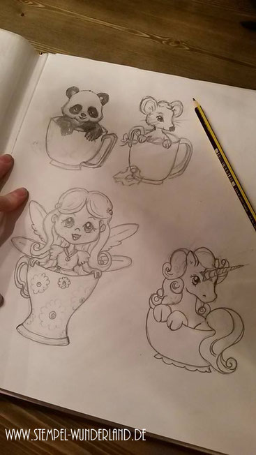 Skizzen Vorlagen für Stempel Pandabär Fee Einhorn und Maus mit Käse sitzen in einer Tasse vom Stempel-Wunderland.de