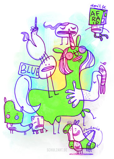 Grüne Einhörner auf dem Ponyhof. Eine Illustration in Procreate von Frank Schulz Berlin.