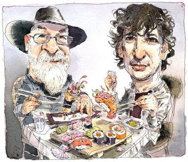 Caricatura de Terry Pratchett i Neil Gaiman