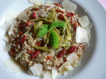 Buchweizenrisotto mit Gojibeeren und gedünsteten Maiwipferl