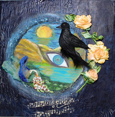 Bild "Ambassador of Souls" Acrylic painting with silk embroidery, satin embroidery, Structure paste.