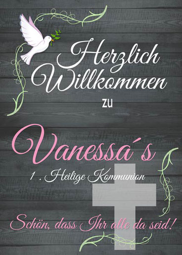 Schild Poster Plakat Taube Herzlich Willkommen mit Namen des Kommunionkinds Mädchen Junge Kommunion Firmung Jugendweihe Konfirmation personalisiert individuell gestaltbar vintage auf Staffelei weiß Holzoptik Motiv t romantisch Rose Ballons Luftballon