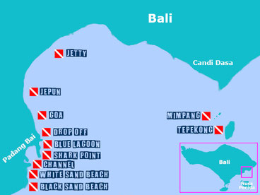 Carte du site de plongée de Amuk bay à Padang Bai, candi dasa. Bali.