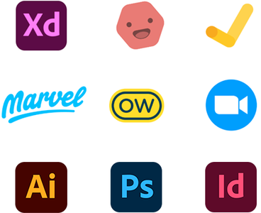 Logos: Adobe XD, Usability Hub, Google Docs, Marvel, Optimal Workshop, Zoom, Adobe Illustrator, Photoshop, InDesign