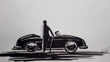 Mike Vandenhende artiste peintre designer porsche, 911, carrera, draw, sketch, black, white, smoking dandy