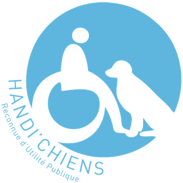Logo de l'association Handi'Chiens : une personne en fauteuil en face d'un chien d'assistance assistance. Logo bleu sur fond blanc