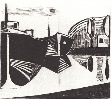 Holzschnitt 1953, "Schiffe vor der Schleuse", ca. 35 x 40 cm