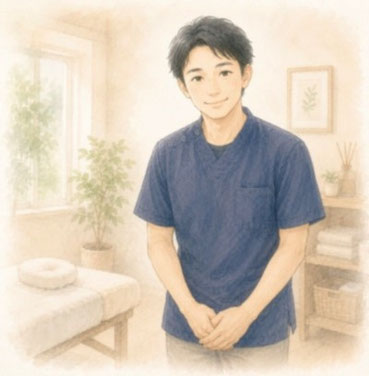 整体院のベッドの横で、優しく微笑みながら患者さんを温かく迎え入れる整体師のイラスト