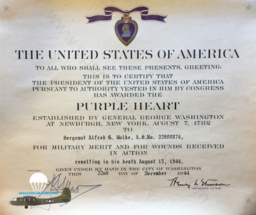 Diploma of the Posthumous award of the Purple Heart. May 8th 1945