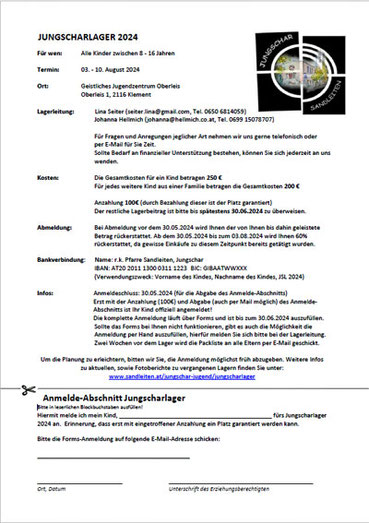 Anmeldeformular für das Jungscharlager 2024, als PDF Download.