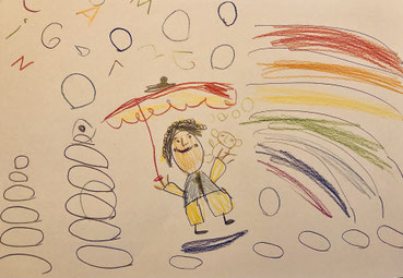 L., 4 Jahre alt:  "Mein schützender Regenschirm -  und wie ich aus Steinen auf meinem Weg, etwas TOLLES baue!"