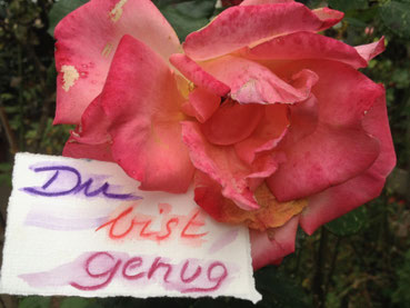 Ein leicht verblühte Rose in Orange- rosa mit einem Kärtchen, Aquarell, da steht: Du bist genug. 