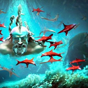 Der Gott Poseidon schwimmt mit roten Haien umher - eine digitale Idee zum Thema "Aquaman".