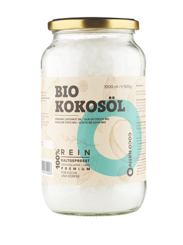 Bio Kokosöl CocoNativo - 1000mL (1L) - Bio Kokosfett, Kokosnussöl, Premium, Nativ, Kaltgepresst, Rohkostqualität, Rein (1000ml) - zum Kochen, Braten und Backen, für Haare und Haut