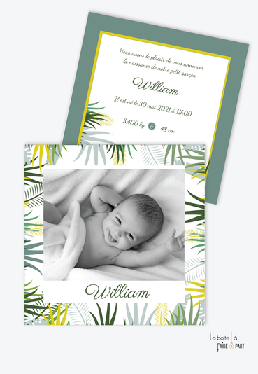 faire part naissance garçon-format carré-feuilles tropicales-couleur vert intense-les tropique-palmier-grande photo