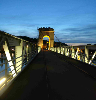 Die beleuchtete Rhône-Brücke "La Passerelle" in Vienne