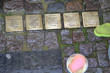 Reinigungsmittel neben fünf Stolpersteinen.