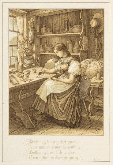 Lithographie Nr. 5, Titel: Die Schildmalerin, von Lucian Reich, aus Wanderblühten, Hüfingen, 1855