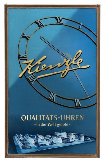 Kienzle, Qualitäts-Uhren, Werbeschild Glas, Schwenningen um 1935, 67 cm x 42 cm