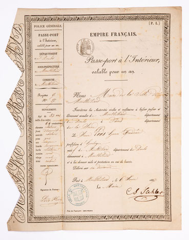 Passport à l' Intèrieur de Montbèliard à Paris, horloger Frèdèric Henri Lods, 1857