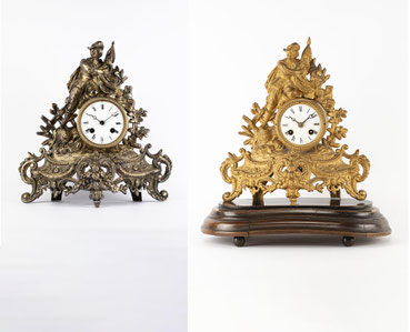 Vergleichsfoto der Lenzkirch Pendule (rechts) mit einer Pendule von Japy freres & Cie (links)