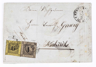 Brief an den Direktor der Uhrmacherschule Furtwangen, Baurat Robert Gerwig in Karlsruhe, aus Furtwangen um 1855, franciert mit 6 plus 1 Kreuzer Briefmarken
