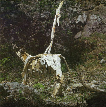 Josef Taucher, Cow Struck by Lightning, 1985, wood, partially colored, 230 x 125 x 450 cm © Josef Taucher