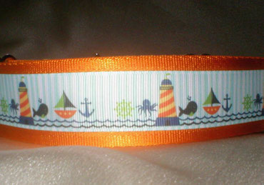 Halsband, Hund, Zugstopp 4cm breit, Gurtband goldorange, Borte See- und Strandmotive