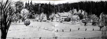 skizzenbuchseite, bleistiftzeichnung, landschaft mit haus, wiesen bäumen wald