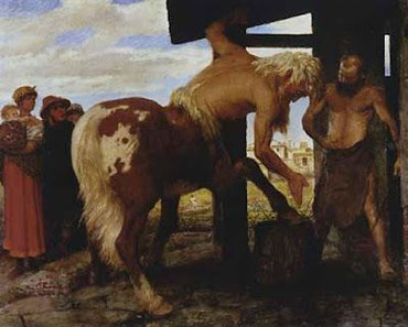 Arnold Böcklin.Centauro en la herrería del pueblo.1888.Inspirado en el relato del último centauro.Las deficiencias del dibujo son claras al pintar el cuadro sin modelo ni referencias.