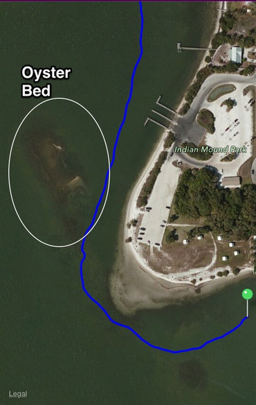 An aerial view of how close the oyster beds are to Indian Mound Park