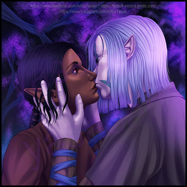 A "Kissing Meme" drawing I created of TakYra. The background shows the glowing trees of their home.