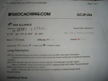 RER Alliance - la fiche descriptive de la cache