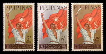Mga Selyo ng Pilipinas: Nobiyembre 30, 1963 - Sandaang Taon ng Kapanganakan ni Andres Bonifacio - Set ng 3 selyo - Malaking Imahen – Philippine stamps
