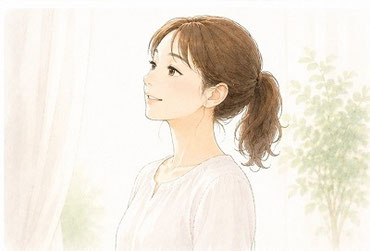 明るい光が差し込む窓辺の部屋で、自分の体の感覚に気づき、すっきりと晴れやかな表情で前を見つめる女性のイラスト