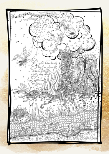  Postkarte "Wunderbaum" Vorderseite S/W Zentangle Wunder Baum Gedicht Schmetterling