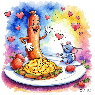 Copyright by Pelz Kreativ / Das Würstel und die kleine Maus / Illustration 2026