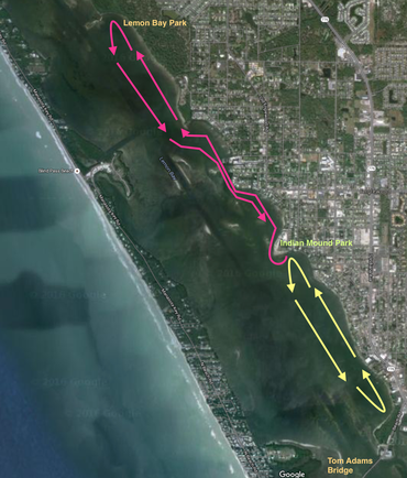 A Google map capture with the route outlined. Traffic pattern designed to lessen collision risk between rowers. Close to land going North, away from shore going South. This shows Indian Mound in the center, our morning basin row in yellow, the route to Le