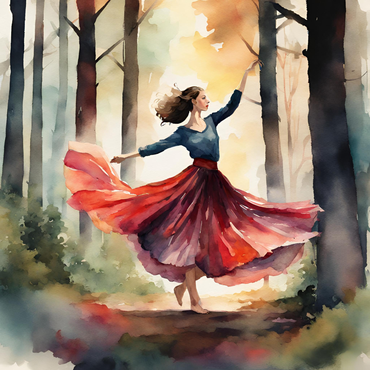 Frau mit langem Rock, die im Wald tanzt. Weiblichkeitscoaching
