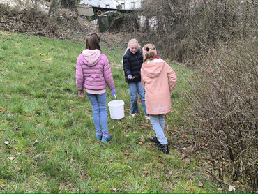3 Mädchen begutachten den Müll, den sie aus dem Gebüsch gezogen haben