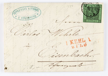 Bief von Oppermann & Strohl an den Uhrenhändler Karl Wehrle in Eisenbach, 9. Feb. 1855, Briefmarke: 3 Kreuzer Baden Nr. 6