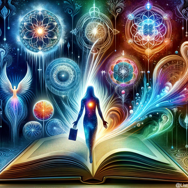Dans cette illustration, une scène éthérée est dépeinte où une figure astrale émerge des pages d'un livre ouvert, entrant dans un univers rayonnant rempli de motifs cosmiques complexes et de symboles spirituels.