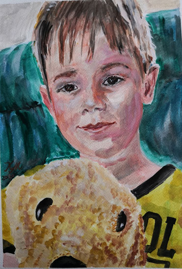 Junge mit Plüschhund, 24x30, Gouache, 2020