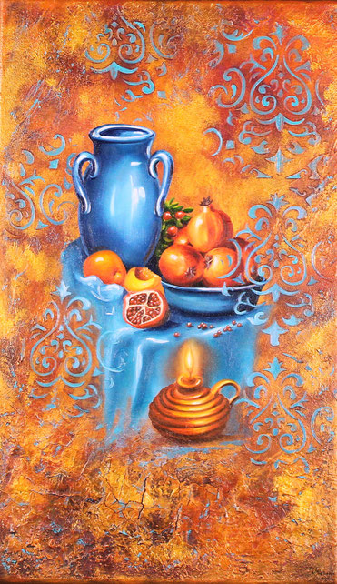Granatäpfel - Stillleben - Krug - Lampe - Kunstwerk - Ölgemälde 