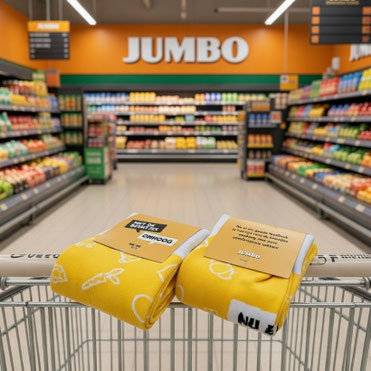 "Custom made sokken met eigen logo, ontworpen in unieke kleuren en motieven; diverse opties gepresenteerd als voorbeeld van maatwerk en branding